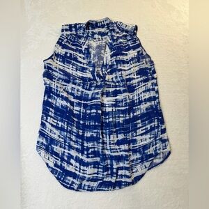 Vince 100% Silk Sleeveless Blouse Blue White Abstract Print V Neck Top
